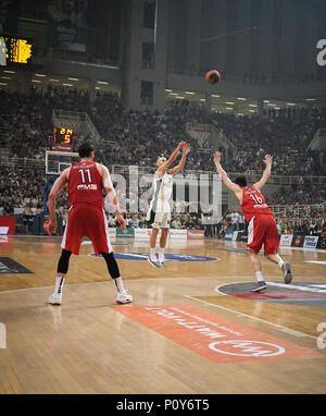 Nick Calathes von Panathinaikos Superfoods während der griechischen Meisterschaft Playoffs finale Spiel 3 zwischen Superfoods Panathinaikos und Olympiakos Piräus Piräus. (Endstand 73-58) Stockfoto