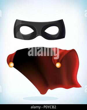 Zorro Maske. Maskerade kostüm Kopfschmuck. Karneval oder Halloween Mask. Cartoon Vector Illustration. Lustig super hero Fliegen mit dem Mantel. Lustiges super Ihr Stock Vektor