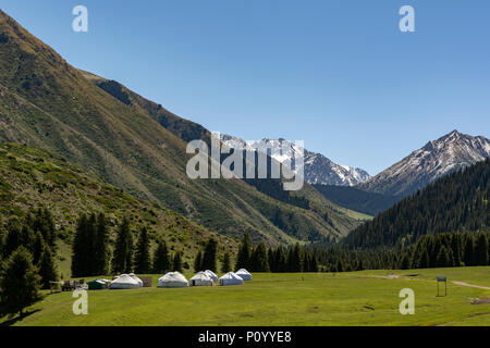 Pferd Landwirtschaft Jurten in Tal der Blumen, Jety Oguz Schlucht, in der Nähe von Karakol, Kirgisistan Stockfoto