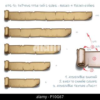 Vector Illustration eines Papyrus Tüttel Blättern Tag mit gerollten und gefalteten Kanten. Satz von fünf Größen Klein Mittel Groß und zwei Extra Große. Alle element Stock Vektor