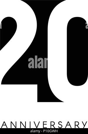 20. Jahrestag, minimalistisch, Logo. 20 Jahre, 20. Jubiläum, Grußkarte. Geburtstag Einladung. 20 Jahre unterzeichnen. Schwarz negative Raumzeiger Abbildung auf weißen Hintergrund. Stock Vektor