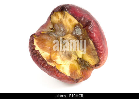Red schimmelig, Apple oder Verrottenden Apple als Konzept der Haut Probleme, auf weißem Hintergrund mit Freistellungspfad isoliert. Stockfoto