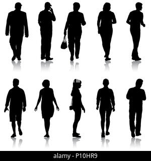 Schwarze Silhouette Gruppe von Menschen stehen in verschiedenen Posen Stockfoto
