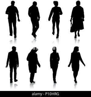 Schwarze Silhouette Gruppe von Menschen stehen in verschiedenen Posen Stockfoto