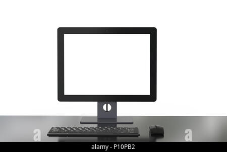 3D-Rendering leerer Bildschirm Computer mit Tastatur und Maus auf weißem Hintergrund Stockfoto