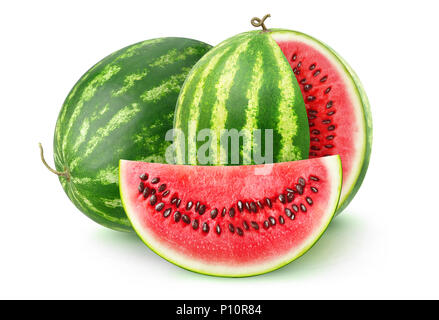 Isolierte Früchte. Zwei Wassermelonen auf weißem Hintergrund mit Freistellungspfad isoliert Stockfoto