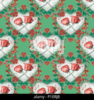 Digitale Kunst Collage Technik liebe Konzept ornament nahtlose Muster Design mit Herzen und Blumen Motiv Stockfoto