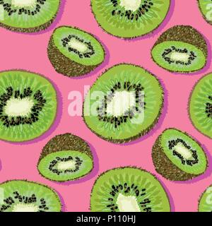 Trendy minimal Sommer nahtlose Muster mit ganzen, geschnittenes frisches Obst Kiwi auf farbigen Hintergrund. Vektorgrafiken Stock Vektor