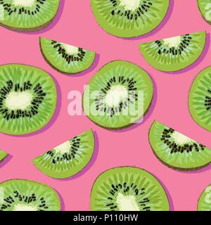 Trendy minimal Sommer nahtlose Muster mit ganzen, geschnittenes frisches Obst Kiwi auf farbigen Hintergrund. Vektorgrafiken Stock Vektor