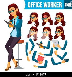 Büroangestellter Vektor. Frau. Sekretär, Buchhalter. Erfolgreiche Officer, Sekretärin, Diener. Erwachsene Business Woman. Gesicht Emotionen, verschiedenen Gesten. Animation erstellen. Isolierte flache Cartoon Illustration Stock Vektor