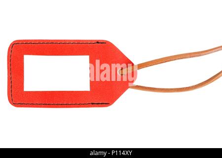 Leer leder Kofferanhänger auf weißem Hintergrund Stockfoto