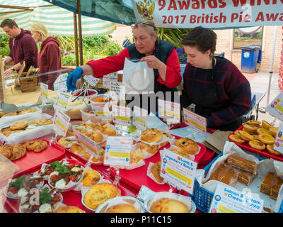 Lady Standbesitzer mit Anzeige von ihr populäres Kosak Küchen prämierten russischen Stil Torten und Kuchen für den Verkauf in Saltburn Bauernmarkt im Sommer Stockfoto