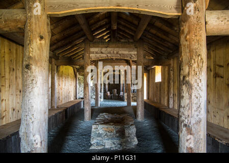 Replik der Nordischen Wikinger langhaus an Brookpoint, Unst, Shetlandinseln, Schottland, Großbritannien Stockfoto