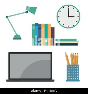 Objekte für das Home Office Schreibtisch, Lampe, Uhr, Buch, Notebook und Bleistifte für Business- und Bürobedarf - Vektor flache Design Illustration. Stock Vektor