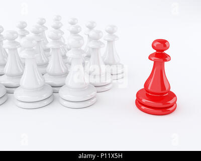 3D-Darstellung. Rot Spielball von Schach, um sich von der Masse der Weißen. Führung Konzept. Weißer Hintergrund. Stockfoto