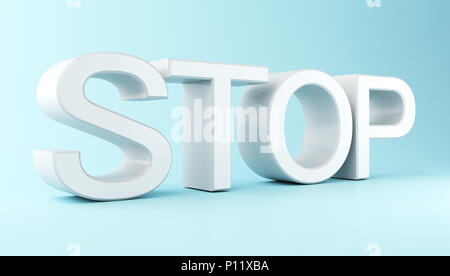3D-Darstellung. Wort Stop auf blauem Hintergrund. Stockfoto