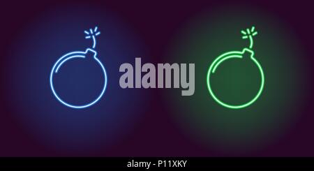 Neon-Symbol von blauen und grünen Bombe. Vector Illustration von Blau und Grün Neon Bombe aus Neon skizziert, mit Hintergrundbeleuchtung auf dem dunklen Hintergrund Stock Vektor