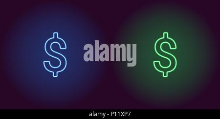 Neon-Symbol von blauen und grünen Dollar. Vector Illustration von Blau und Grün Neon Dollars bestehend aus Neon skizziert, mit Hintergrundbeleuchtung auf der dunklen backgrou Stock Vektor