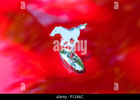 Berlin, Deutschland - Juni 09, 2018: Nahaufnahme des Pferdes Emblem / Logo Design rot Motorhaube eines FORD MUSTANG Oldtimer Stockfoto