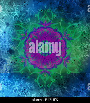 Zierpflanzen Mandala und sanft verwischt Aquarell Hintergrund Stockfoto