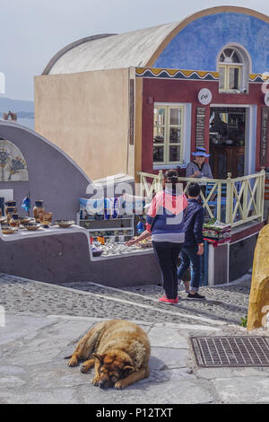 Oia, Santorini, Griechenland: Ein Hund schläft friedlich auf dem Bürgersteig als Touristen Shop für Geschenke und Souvenirs an einer im Markt. Stockfoto