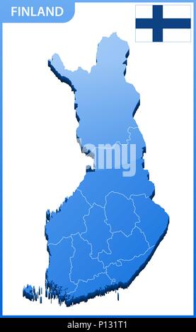 Sehr detaillierte dreidimensionale Karte von Finnland. Verwaltungseinheit. Stock Vektor