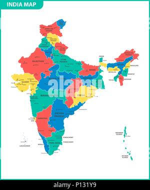 Die detaillierte Karte des Indien mit den Regionen oder Staaten und Städte, der Hauptstadt. Verwaltungseinheit. Stock Vektor