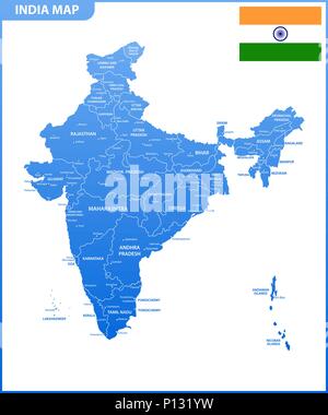 Die detaillierte Karte des Indien mit den Regionen oder Staaten und Städte, der Hauptstadt. Verwaltungseinheit. Stock Vektor