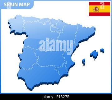 Sehr detaillierte dreidimensionale Karte von Spanien. Verwaltungseinheit. Stock Vektor