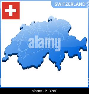 Sehr detaillierte dreidimensionale Karte der Schweiz. Verwaltungseinheit. Stock Vektor