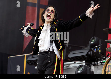 Johannes Eckerström von Avatar führt auf der Bühne beim Download Festival 2018 in Donington Park, Derby am 8. Juni 2018. Stockfoto