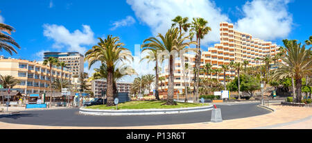 Panoramablick auf Küste in Playa del Ingles. Maspalomas, Gran Canaria, Kanarische Inseln Stockfoto