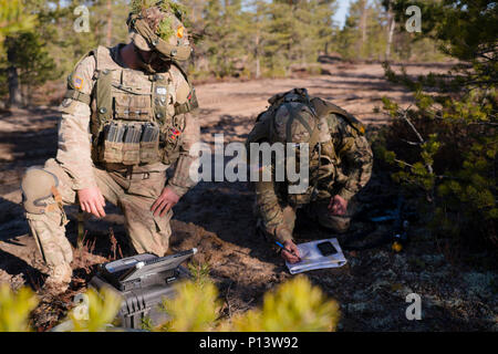 Us-Soldaten von Apache Truppe, 1 Staffel, 2. Reiterregiment, Würfel, Ausrüstung zu ihrem militärischen Fahrzeugen für eine bevorstehende Training Mission, in Pohjankangas, Niinisalo, Finnland, Jan. 29, 2017. Pfeil 17 ist eine jährliche Übung der Interoperabilität und der Fähigkeit der mechanisierten Einheiten in offensive Bekämpfung zu verbessern, die während der Arbeit mit einer verstärkten US Army Europe Infanterie sowie eine norwegische Feuerwehr Norden mechanisierte platoon als Teil der finnischen Armee Internationale Übung Aktivitäten für 2017. Stockfoto