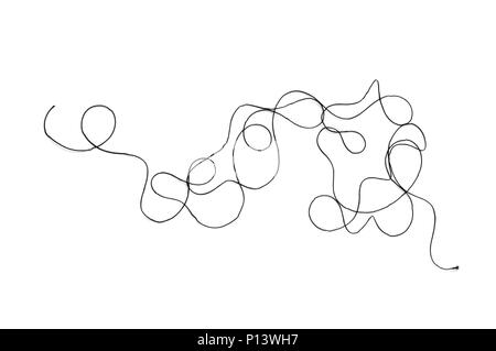 Verwirrte schwarzen Faden auf weißem Hintergrund. Stockfoto