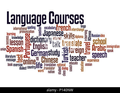 Sprachkurse, Word cloud Konzept auf weißem Hintergrund. Stockfoto