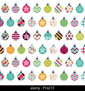 Nahtlose Muster mit Kugeln und Ornamente. Frohe Weihnachten Grußkarte Stock Vektor