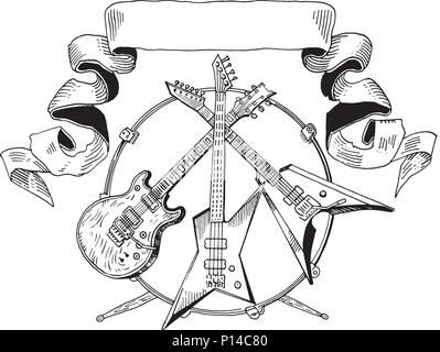 Heavy Metal Wappen. E-Gitarre, Bass, Schlagzeug Leitung Kunst isoliert. Hand gezeichnet Gravur stil Vector Illustration. Rock Musik, Konzert, Festival Banner, t shirt Drucken, Band logo Vorlage. Stock Vektor