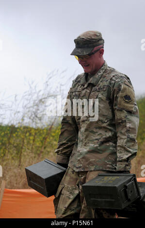 Sgt. Brandon Blue, horizontale Bauingenieur mit dem 786th Quartermaster Company, trägt Munition Dosen während des 5 k-Challenge der besten Krieger Wettbewerb veranstaltet von der 79. SSC in Camp Pendleton, Kalifornien, 6. Mai 2017.     Der US Army Reserve 79. Sustainment Support Command Gastgeber ihre 2017 besten Krieger Wettbewerbs in Camp Pendleton, Kalifornien, Mai 3-6. Die besten Krieger-Wettbewerb sucht die besten Kandidaten, der ein Soldat der US-Armee definiert durch Tests Soldaten körperlich und geistig. Der Wettbewerb bestand aus ein Soldat und ein Unteroffizier aus fo Stockfoto