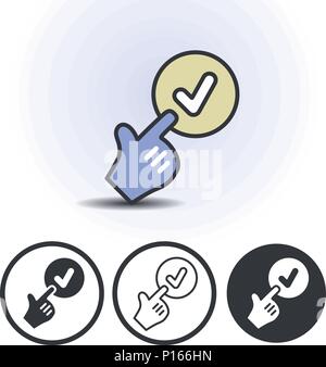Hand Cursor zeigt mit dem Finger auf "Haken"-Symbol. Konturlinie flache farbige Vektor icon. Verschiedene Varianten für die Website oder App Infografiken. Stock Vektor