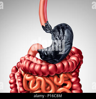 Die menschliche Verdauung Problem als Magen geformt wie ein Müllsack mit dem Darm Organ als Symbol für Verdauungsbeschwerden Schmerzen im Verdauungstrakt. Stockfoto
