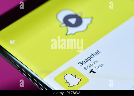 New York, USA - 10. Juni 2018: Snapchat social media auf Android Smartphone Nahaufnahme der Anzeige Ansicht Stockfoto