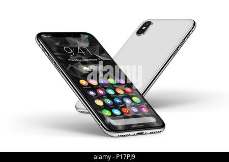 Perspektive weiß Smartphones mit Material design Flachbild UI-Vorder- und Rückseite. Android Handy Konzept. Stockfoto