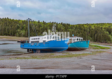 Alma, New Brunswick Hummer Boote bei Ebbe. Stockfoto