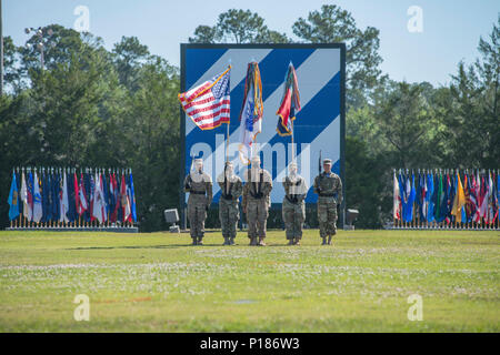 Die 3 Infantry Division Color Guard nimmt an den eine Abteilung ändern des Befehls Zeremonie auf Cotrell Feld Fort Stewart, GA, 8. Mai 2017 statt. Stockfoto