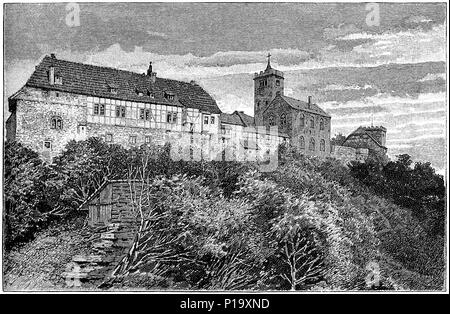 Gravur 1883 auf der Wartburg, gesehen aus dem Westen. Die Wartburg ist ein Schloss mit Blick auf Eisenach, Thüringen in Deutschland. Stockfoto