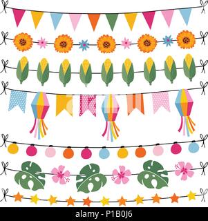 Satz von tropischen Sommer Girlanden. Lichterkette, wimpelketten Flags, Mais, monstera Blätter und Hibiskusblüten. Garden Party oder dem Brasilianischen Juni Partei, Festa Junina, Dekorationen. Isolierte vektor Grenzen. Stock Vektor