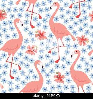 Tropischen Dschungel nahtlose Muster mit Hand gezeichnet Flamingo Vogel und Hibiskusblüten. Sommer Stoff, floral flache Bauform. Vector Illustration Hintergrund. Stock Vektor