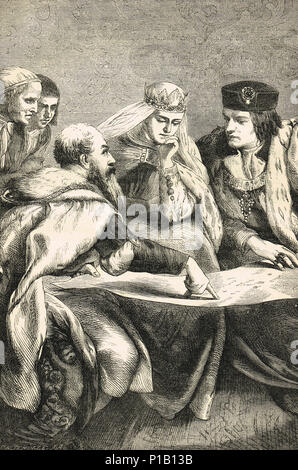 Christopher Columbus, seine Pläne zu Isabella und Ferdinand Stockfoto