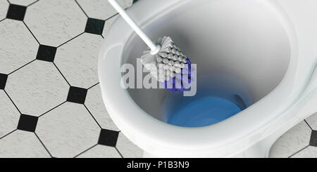 Reinigung der Toilette. Weiß wc-Schüssel und Pinsel auf mit schwarzen und weißen Fliesen ausgelegt, Detailansicht von oben. 3D-Darstellung Stockfoto