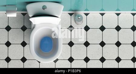 Weiß wc-Schüssel und Pinsel auf mit schwarzen und weißen Fliesen ausgelegt, Ansicht von oben, kopieren. 3D-Darstellung Stockfoto